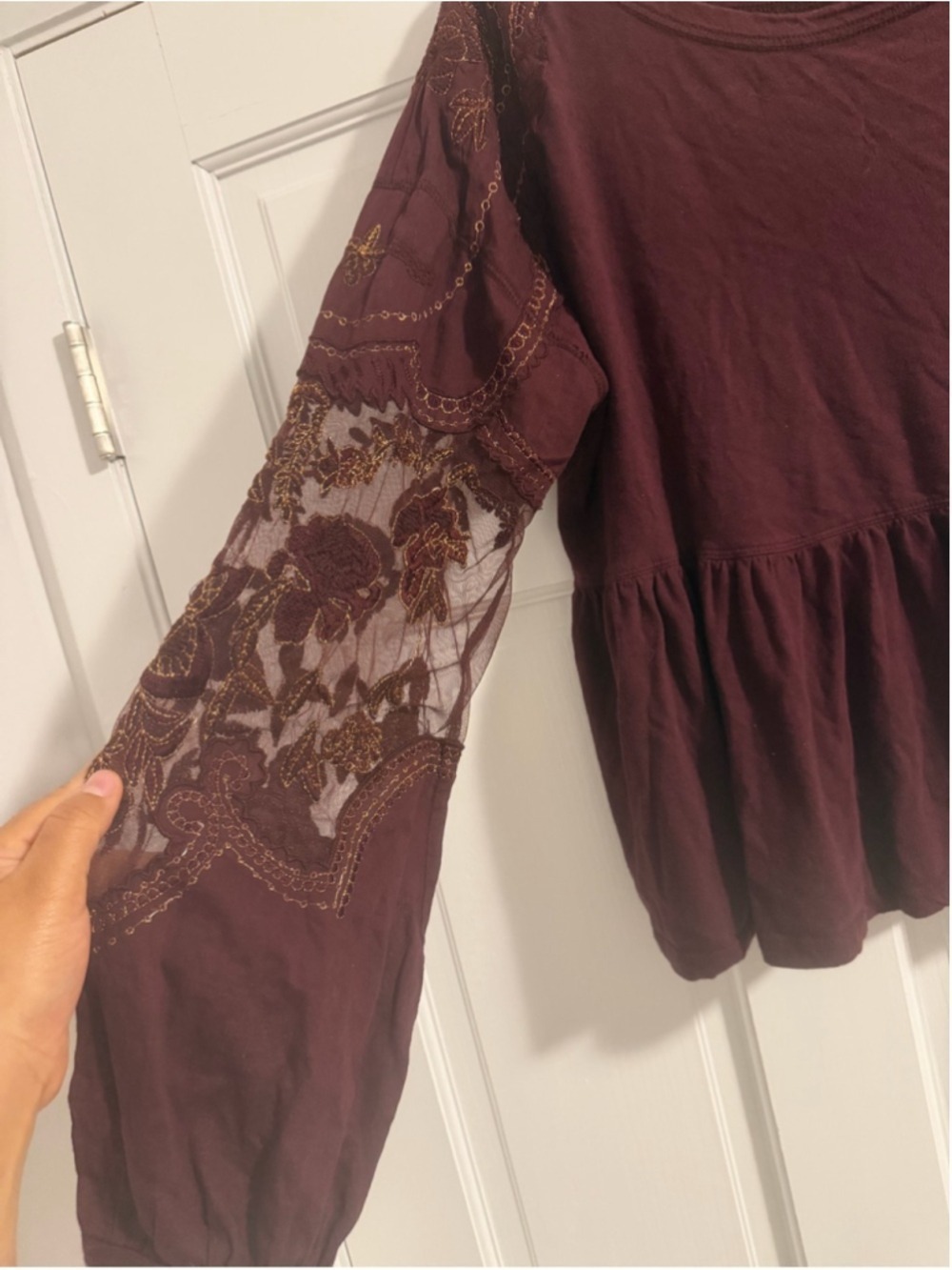 Free People Burgundy Lace Sleeve Peplum Top Size Medium Boho Romantic - Picture 4 of 5